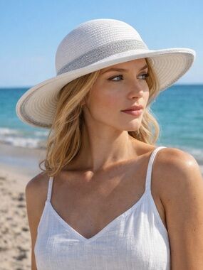 Magid Hats White Breton Wide Brim Sun Hat Silver Band Coastal